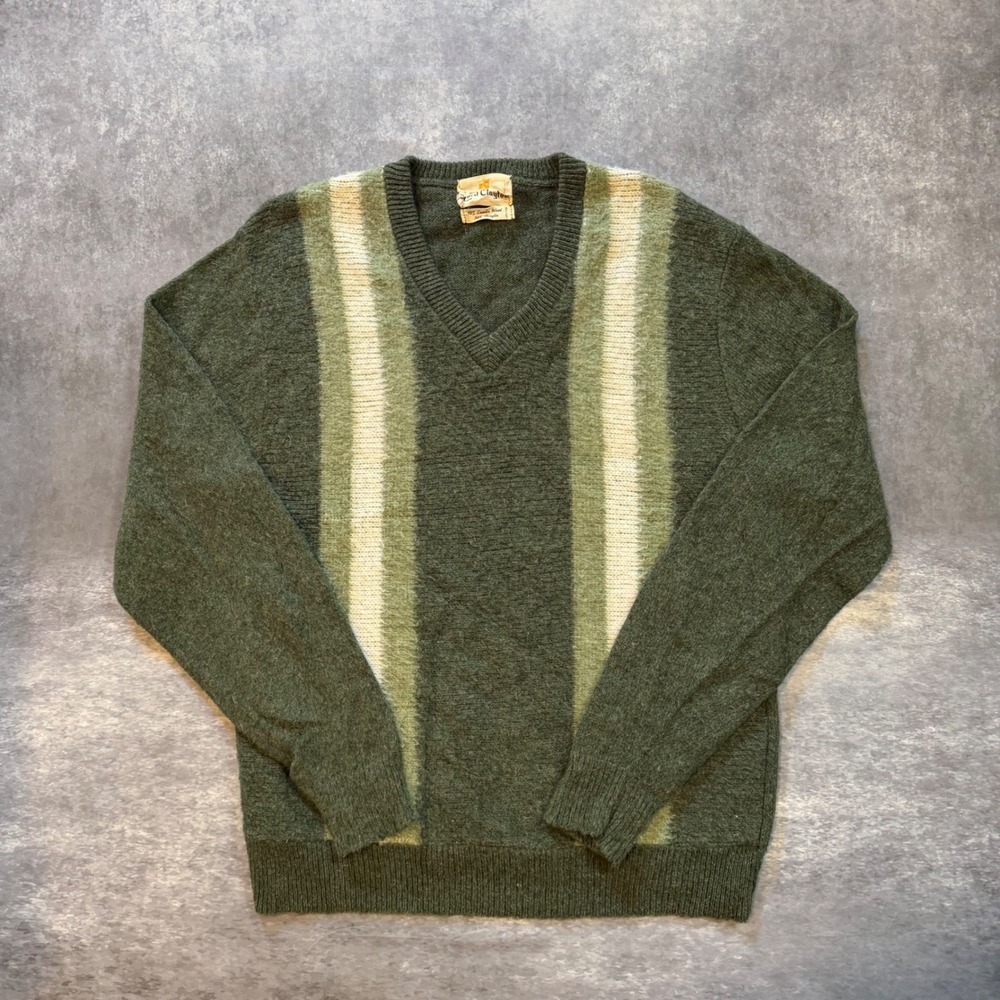 Vintage 70s Lord Clayton Mens Sweater Medium Green Striped 70% Lambs Wool Knit